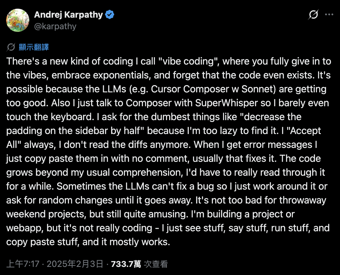 2025 年 2 月 Andrej Karpathy 提出 Vibe Coding